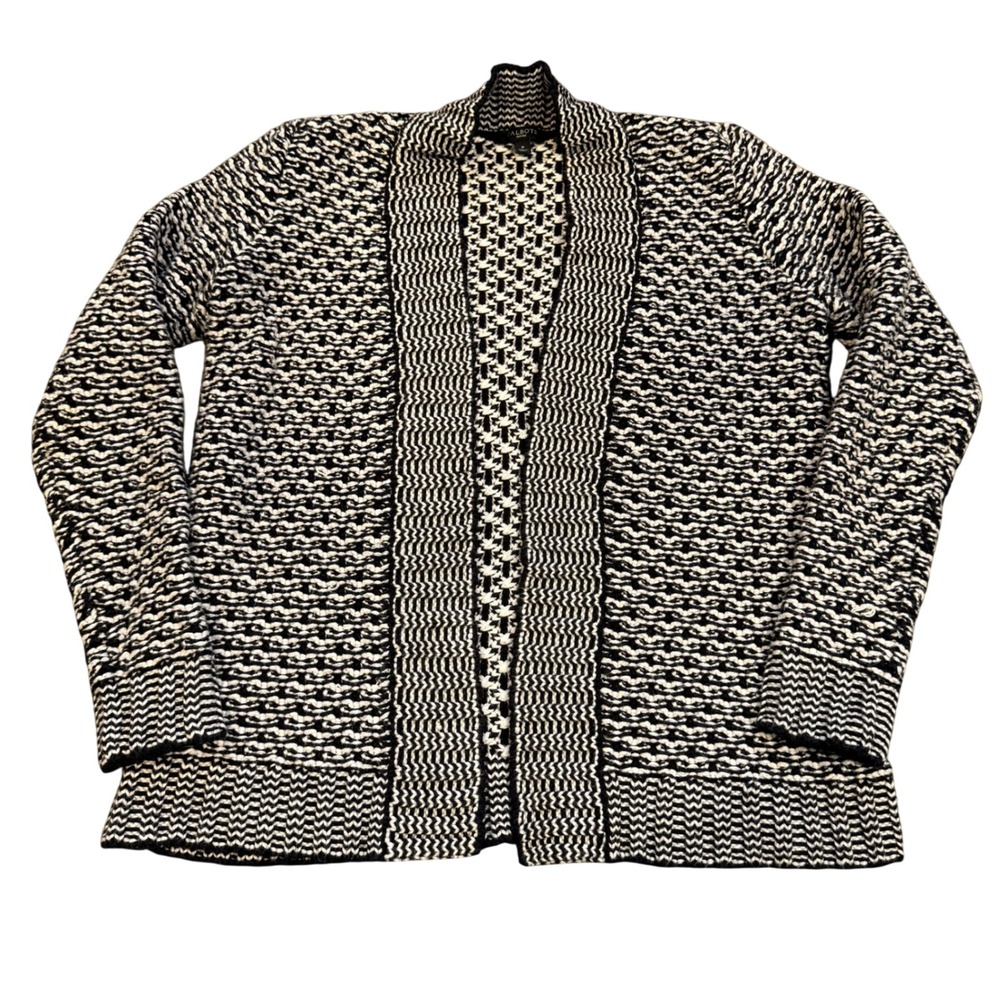 Talbots Petites Womens Black White Geometric Knit Open Front Cardigan Sweater P